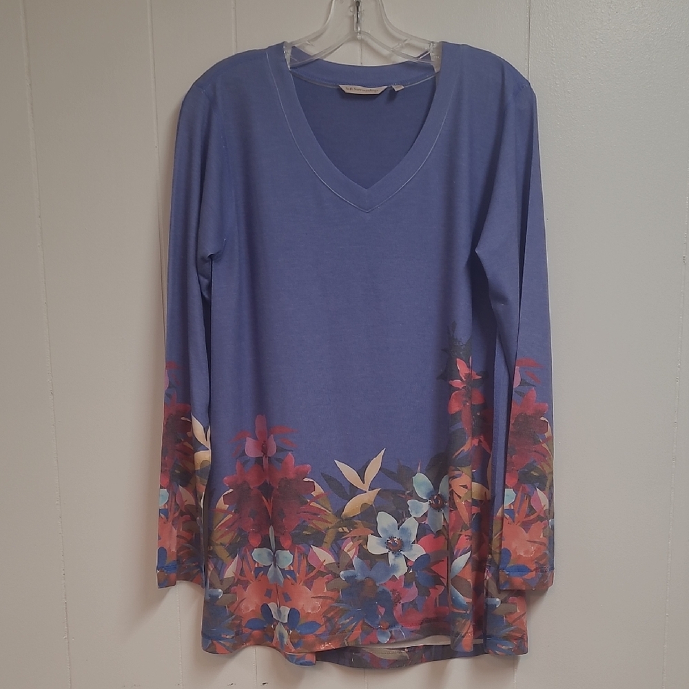 Soft Surroundings Periwinkle Blue Fall Florals Tunic Long Sleeve V Neck Sz M